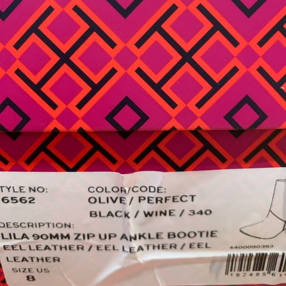 TORY BURCH LILA EEL LEATHER ANKLE BOOTIE OLIVE/BLK/WINE 90MM HEEL SIZE US 8, 8.5 - Picture 8 of 8